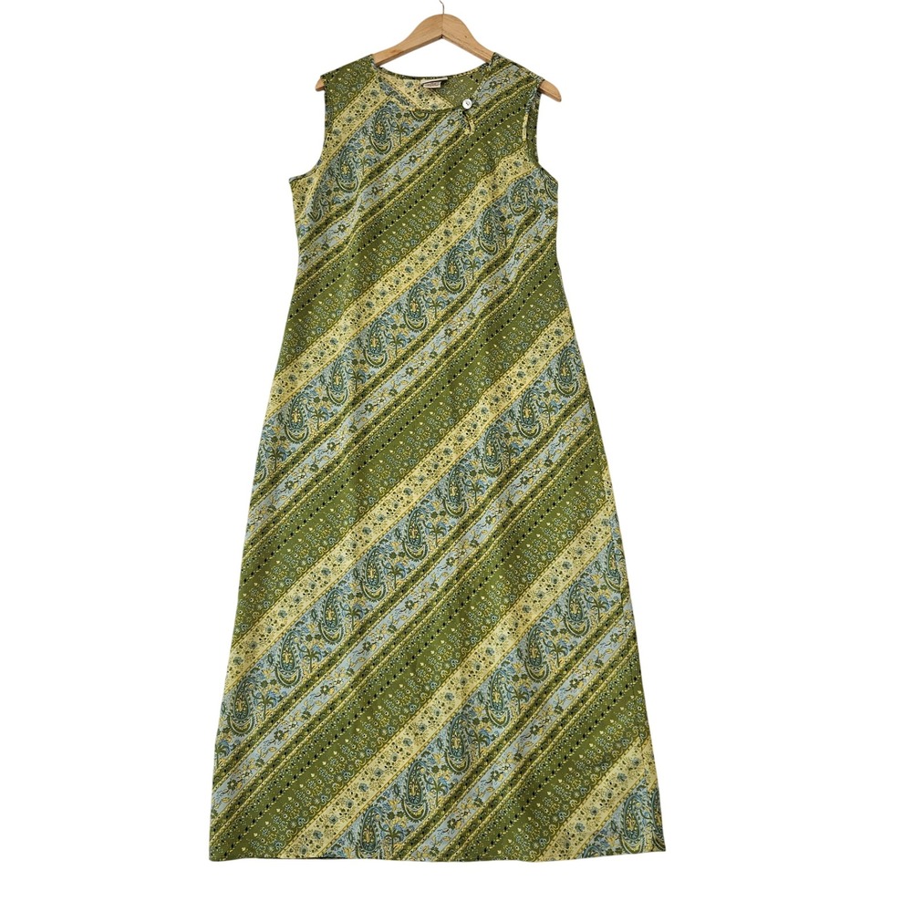 Mosaic Maxi Dress Womens 16 Green Paisley Floral Sleeveless Diagonal Stripe Boho
